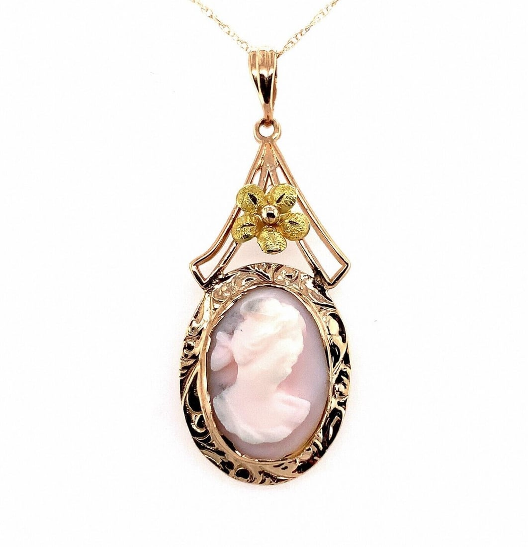 Victorian 9k Rose Yellow Gold Coral Cameo Pendant Necklace with 14k Chain: Victorian 9k Rose Yellow Gold Coral Cameo Pendant Necklace with 14k Chain This exquisite 9k rose and yellow gold Victorian lavaliere features a genuine natural coral and conch shell cameo, making it a