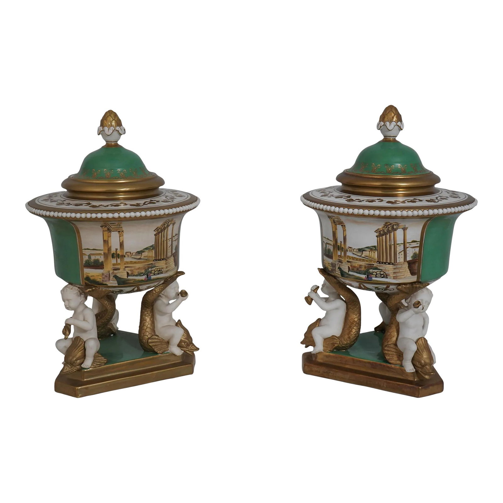 Elegant French Style Lidded Urns with Cherub Bases: Elegant French Style Lidded Urns with Cherub Bases This pair of French style lidded urns features exquisite gold leaf details and a stunning painted finish on porcelain cherub bases. Measuring 14" in 