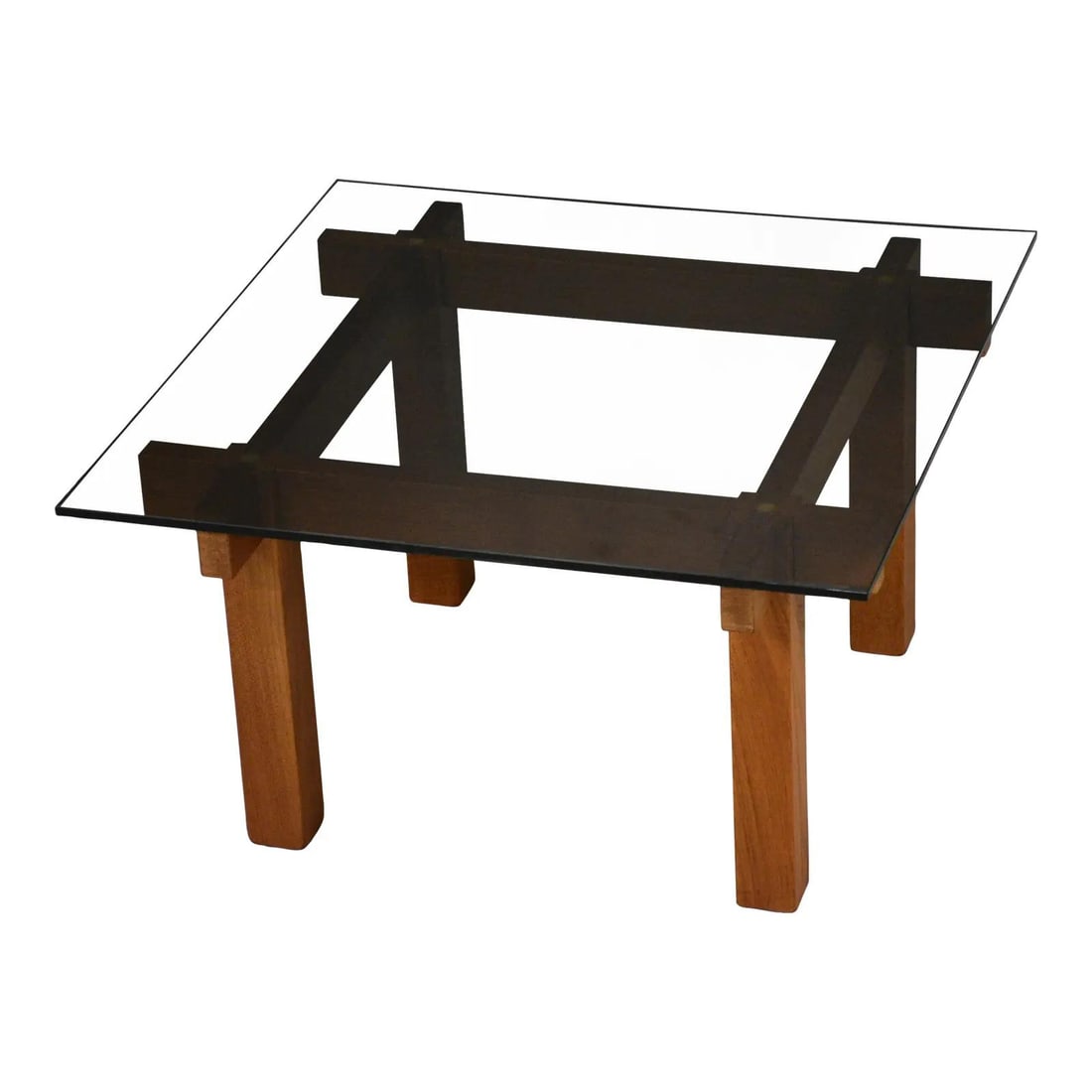 Mid Century Danish Teak Coffee Table with Smoked Glass Top Square 1960s: Mid Century Danish Teak Coffee Table with Smoked Glass Top Square 1960s This mid-century modern coffee table from the 1960s features a teak frame paired with a smoked glass top. Versatile in function,