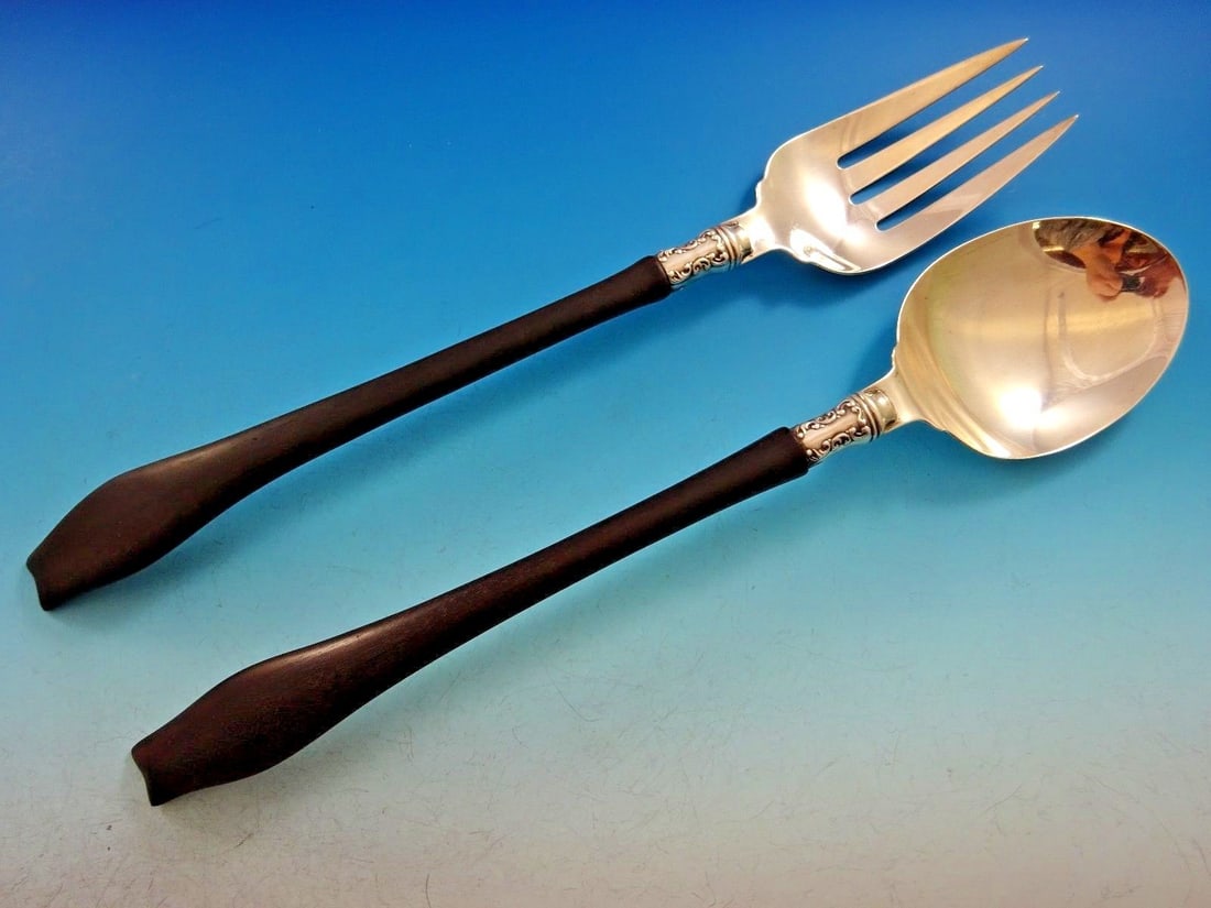 Whiting Manufacturing Louis XV Sterling Silver Salad Serving Set 11.5" Ebony Handles: Whiting Manufacturing Louis XV Sterling Silver Salad Serving Set 11.5" Ebony Handles Presenting a stunning Louis XV salad serving set crafted by Whiting Manufacturing Company. This exquisite set featu