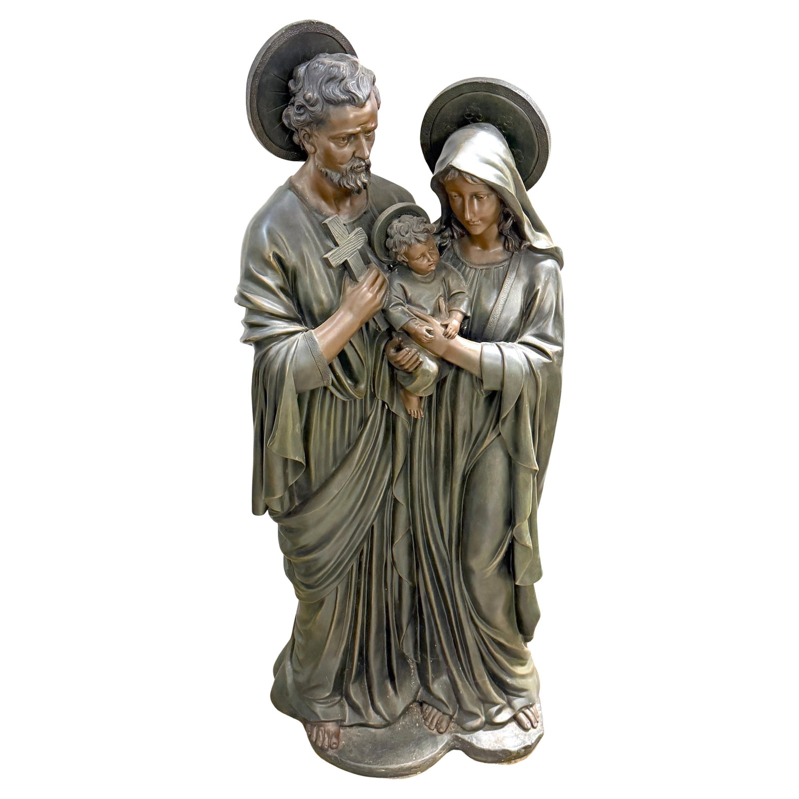 42 Inch Italian Bronze-Clad Devotional Holy Family Sculpture Late 20th Century: 42 Inch Italian Bronze-Clad Devotional Holy Family Sculpture Late 20th Century This large-scale bronze-clad sculpture depicts the Holy Family--Saint Joseph, the Virgin Mary, and the Christ Child--in a