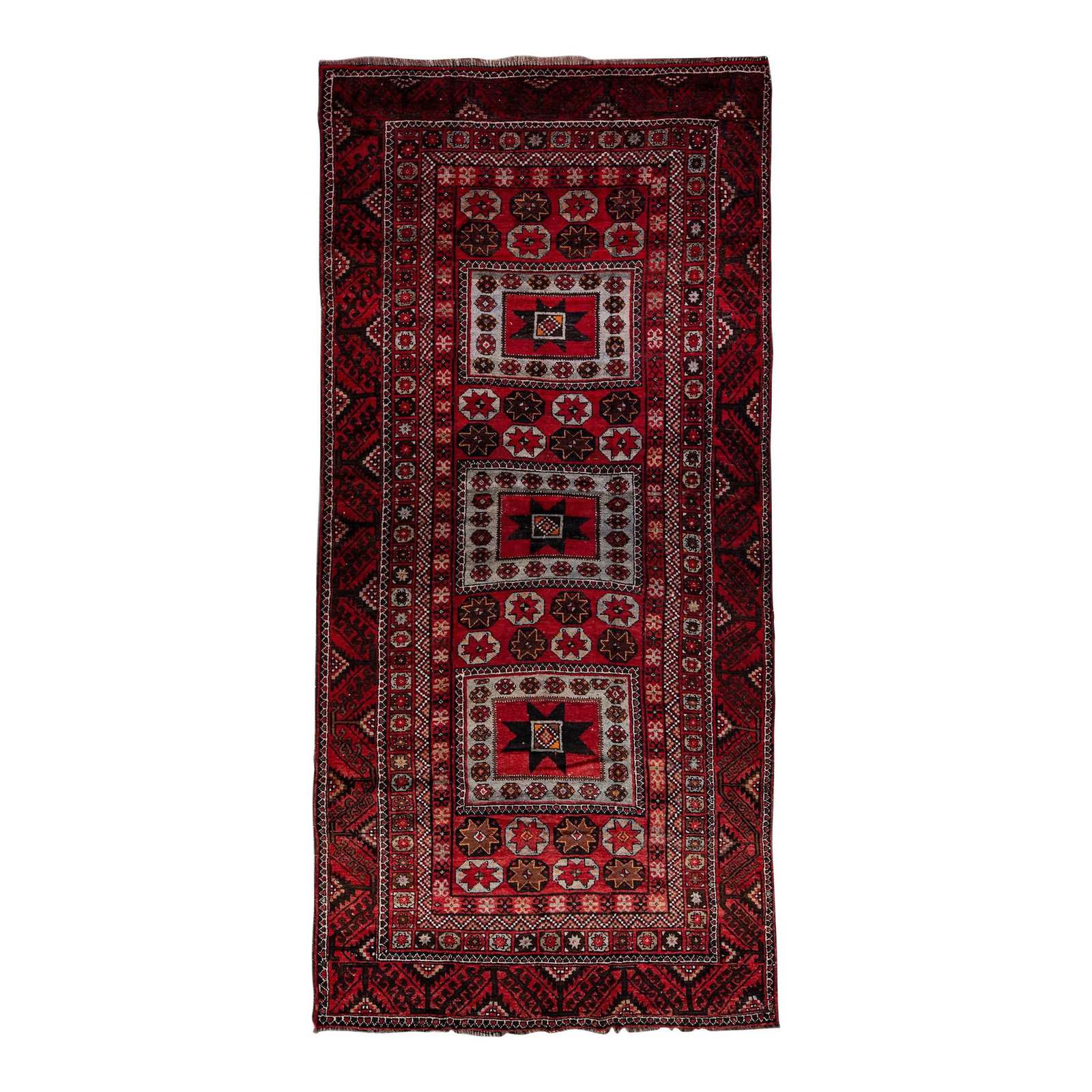Vintage Handmade Persian Red Wool Rug Geometric Design 5'2" X 11'0": Vintage Handmade Persian Red Wool Rug Geometric Design 5'2" X 11'0" Enhance your space with this stunning Vintage Handmade Persian Wool Rug, featuring a vibrant red field adorned with multicolor geome