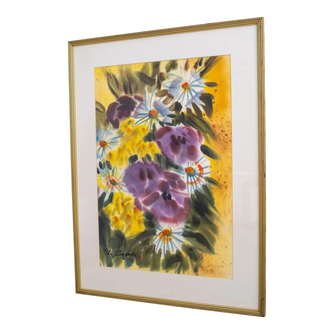 L. Suzuki Signed Watercolor Abstract Flower Painting in Gold Frame: L. Suzuki Signed Watercolor Abstract Flower Painting in Gold Frame This stunning abstract still life watercolor painting features vibrant flowers, masterfully created by the renowned Japanese-American