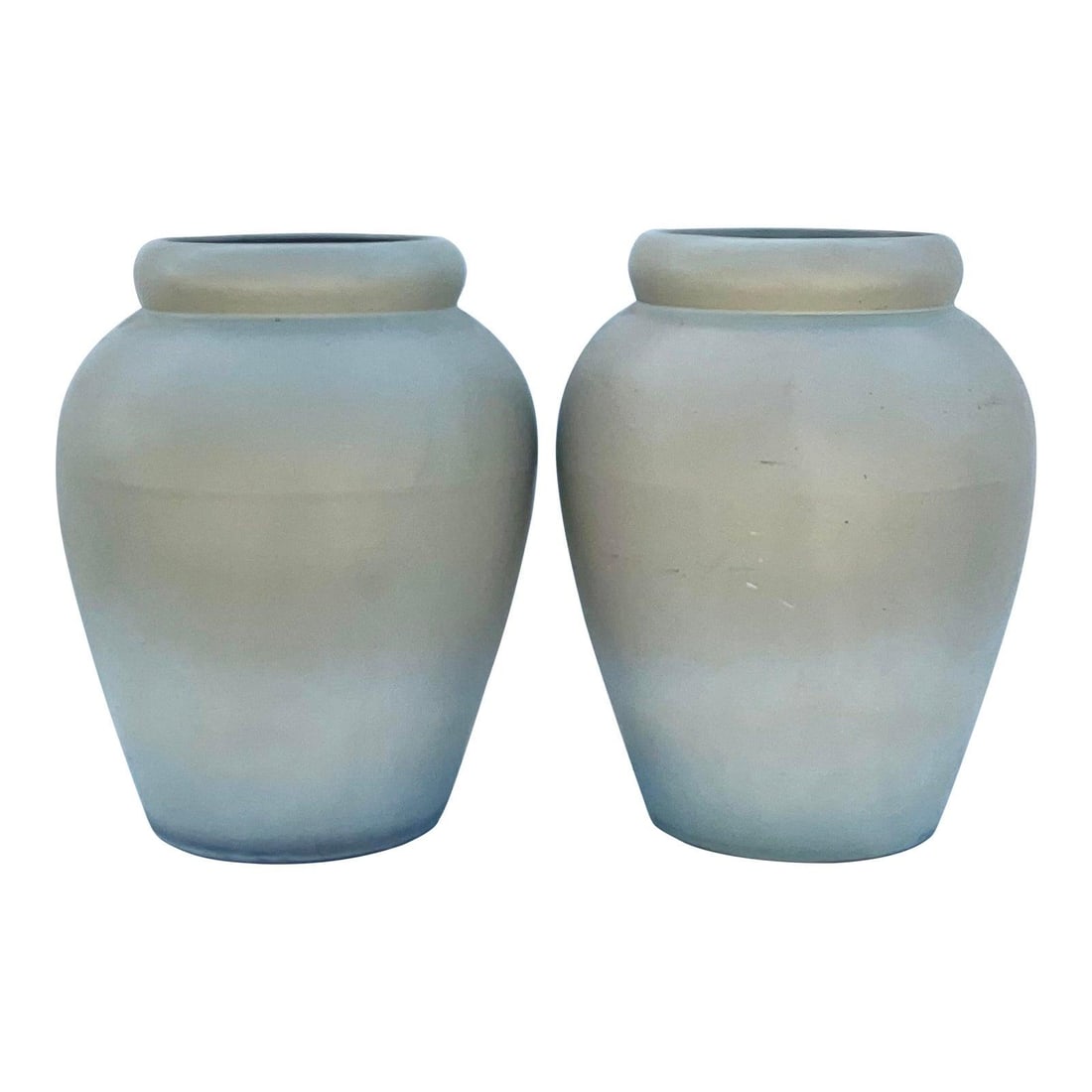 Pair of Ceramic Garden Urns Matte Sage Green 19.5 in: Pair of Ceramic Garden Urns Matte Sage Green 19.5 in Pair of vintage contemporary garden urns with a matte sage green celadon glaze and a timeless silhouette. The soft pale sage and misty blue tones c