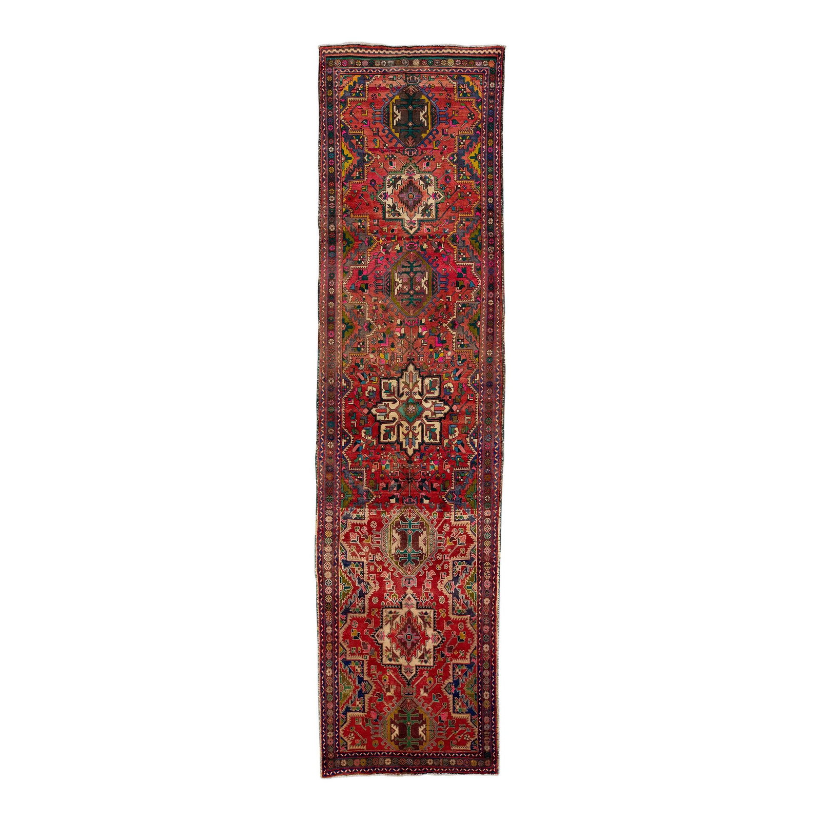 Vintage Persian Heriz Red Wool Runner Hand-Knotted 3'9 x 14'4 Medallion Design: Vintage Persian Heriz Red Wool Runner Hand-Knotted 3'9 x 14'4 Medallion Design Enhance your space with this stunning vintage Persian Heriz runner, expertly hand-knotted from premium wool. Featuring a 