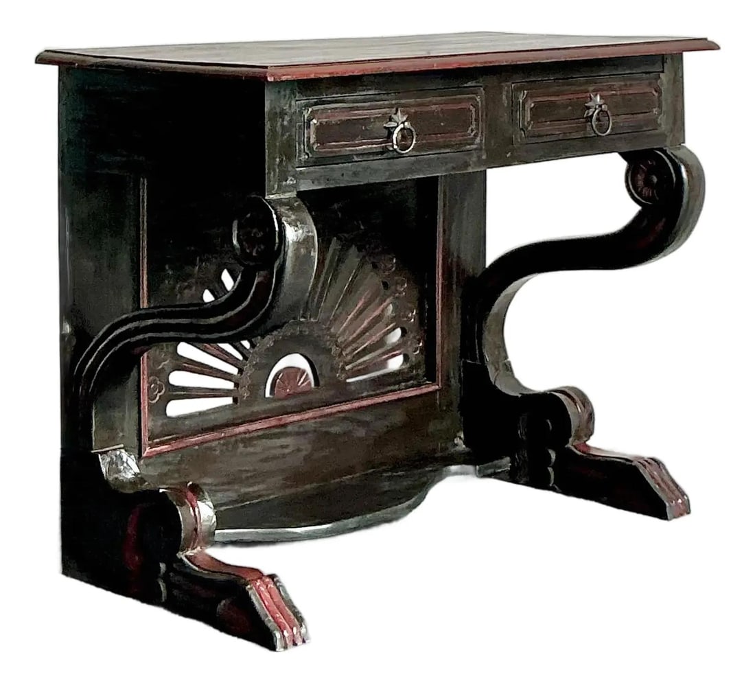 Reclaimed Wood Console Table With Carved Drawers Boho Vintage Style: Reclaimed Wood Console Table With Carved Drawers Boho Vintage Style This vintage Boho console table brings rustic charm and global appeal to any space. Crafted from richly patinated reclaimed wood, it
