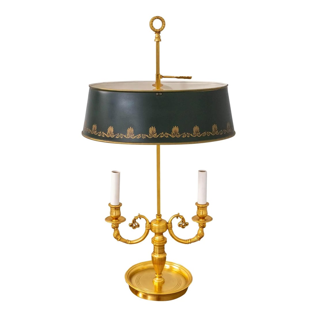 Regency Brass Bouillottee Tole Lamp with Green Gold Shade: Regency Brass Bouillottee Tole Lamp with Green Gold Shade This exquisite Regency Style Bouillottee Tole Metal Lamp showcases fine carved details and high-quality construction, reflecting classic Engli