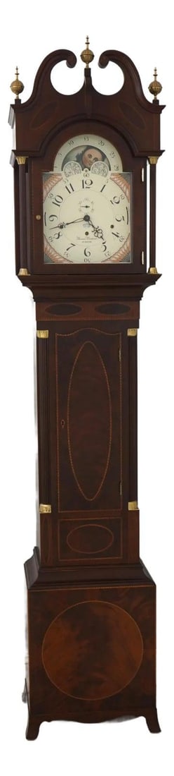 Sligh Thomas Harland Model 569 Inlaid Mahogany Grandfather Clock Federal Style: Sligh Thomas Harland Model 569 Inlaid Mahogany Grandfather Clock Federal Style This stunning Sligh Thomas Harland Grandfather Clock showcases exquisite craftsmanship with its inlaid mahogany construct