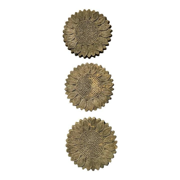 3 Concrete Sunflower Pavers Vintage Patina Set of 3: 3 Concrete Sunflower Pavers Vintage Patina Set of 3 This set of three vintage cast concrete pavers features an intricate high-relief sunflower motif, showcasing detailed craftsmanship and a beautifull