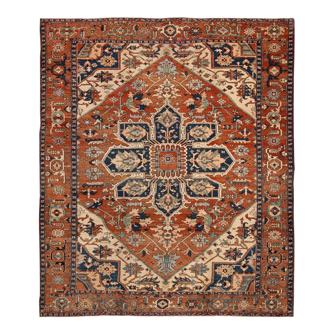 1920s Handmade Persian Serapi Medallion Wool Rug Orange Rust 10'1" x 11'8": 1920s Handmade Persian Serapi Medallion Wool Rug Orange Rust 10'1" x 11'8" Explore the exquisite craftsmanship of this 1920s handmade antique Persian Serapi medallion rug. Featuring a stunning orange-