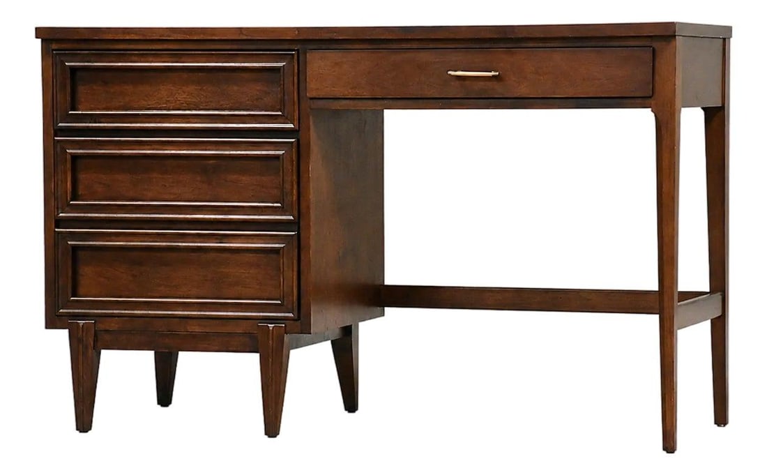 Pepplers Walnut Mid Century Desk 48 x 19 x 30: Pepplers Walnut Mid Century Desk 48 x 19 x 30 This mid-century modern desk by Pepplers Fine Furniture, crafted in the 1960s in Canada, features a walnut construction with a single bank of drawers and 