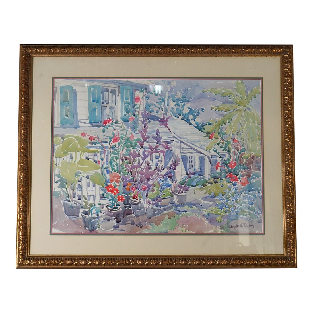Signed Elizabeth Berry Framed House and Garden Watercolor 39w x 32h (1 of 10)