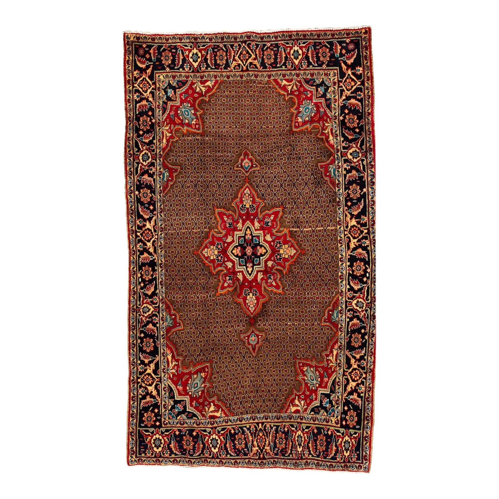 Vintage Persian Handmade Floral Wool Rug 5'3 x 9': Vintage Persian Handmade Floral Wool Rug 5'3 x 9' This exquisite vintage Persian rug showcases a stunning hand-knotted wool construction featuring a rich brown field adorned with a vibrant multi-color