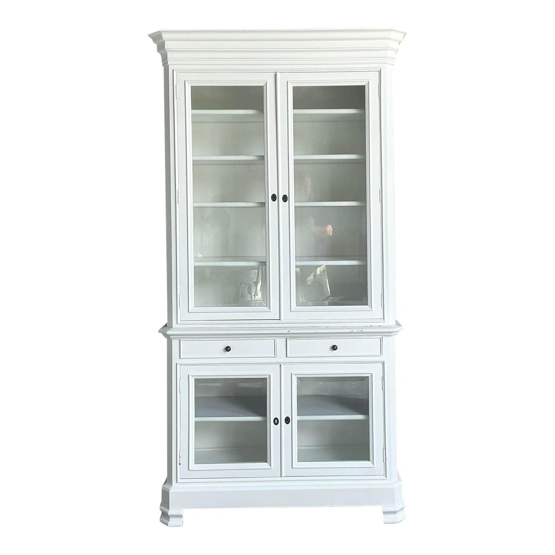 White Lacquered Boho Display Cabinet with Glass Doors and Drawers 91.5" Tall: White Lacquered Boho Display Cabinet with Glass Doors and Drawers 91.5" Tall This vintage lacquered display cabinet combines Boho and Shabby Chic influences, featuring a classic silhouette with crown 