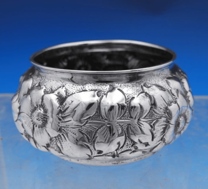 Shiebler Flora Sterling Silver Salt Cellar 1 1/2 x 3: Shiebler Flora Sterling Silver Salt Cellar 1 1/2 x 3 This is a Shiebler Flora pattern sterling silver salt dip master from the United States, dating from 1850-1899. Crafted in .925 sterling silver, th