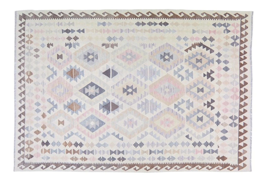 Vintage Maimana Tribal Kilim Rug Organic Wool Geometric 5'10" x 8'5": Vintage Maimana Tribal Kilim Rug Organic Wool Geometric 5'10" x 8'5" This vintage Afghan Maimana tribal kilim is hand woven using organic wool and features natural colors with a geometric pattern. The