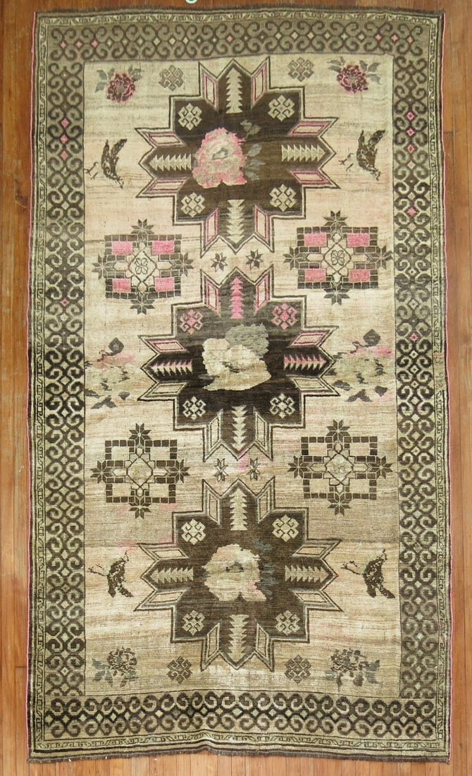 5' 11" x 9' 8" Mid 20th Century Kars Turkish Rug: 5' 11" x 9' 8" Mid 20th Century Kars Turkish Rug Vintage Turkish Kars rug from the mid 20th century. This pre-owned rectangular area rug features a geometric pattern with floral motifs. Specifications