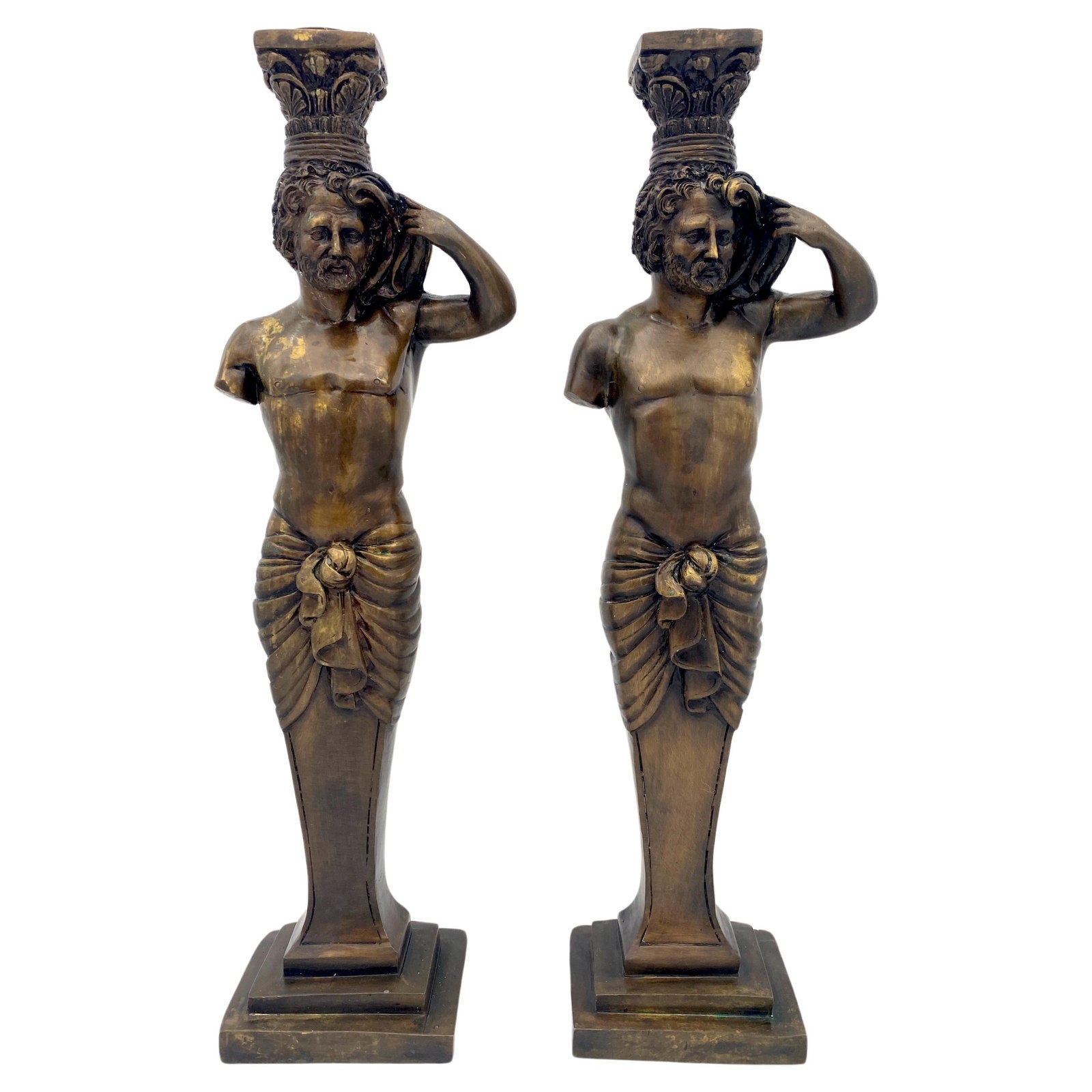 Set of 2 Grand Tour Bronze Caryatid Column Candle Holders Italy 20th Century: Set of 2 Grand Tour Bronze Caryatid Column Candle Holders Italy 20th Century This large pair of Grand Tour-style bronze candlesticks features male caryatid columns in an architectural design. Each can