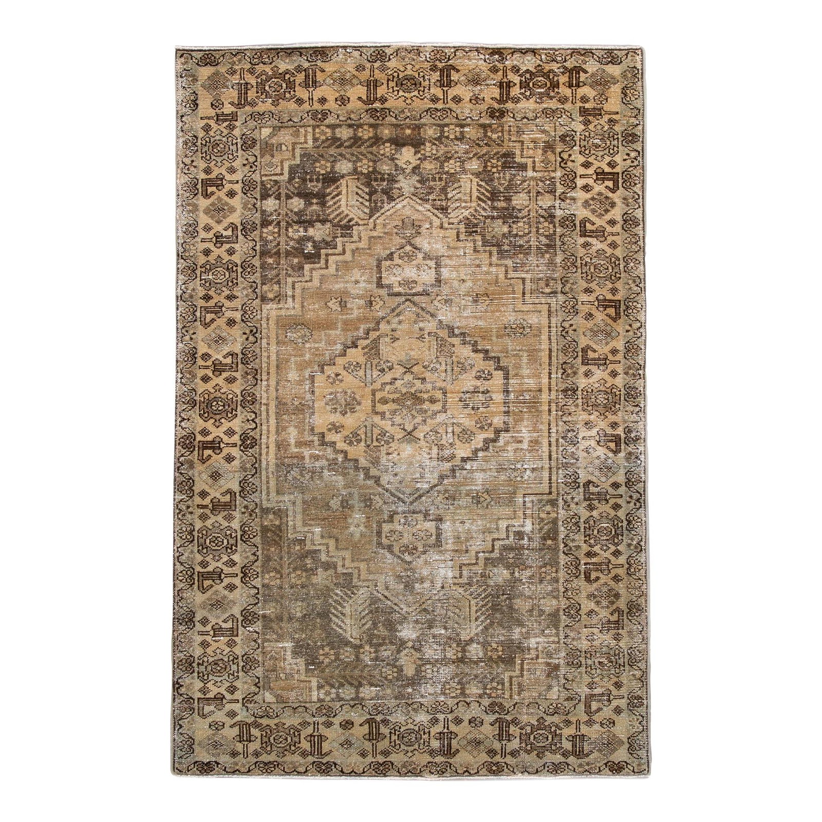 Handmade Vintage Boho Chic Beige Medallion Wool Rug 4'3 x 6'6: Handmade Vintage Boho Chic Beige Medallion Wool Rug 4'3 x 6'6 Introducing a stunning Vintage Boho Chic hand-knotted wool rug, showcasing a beautiful beige field complemented by brown accents throughou