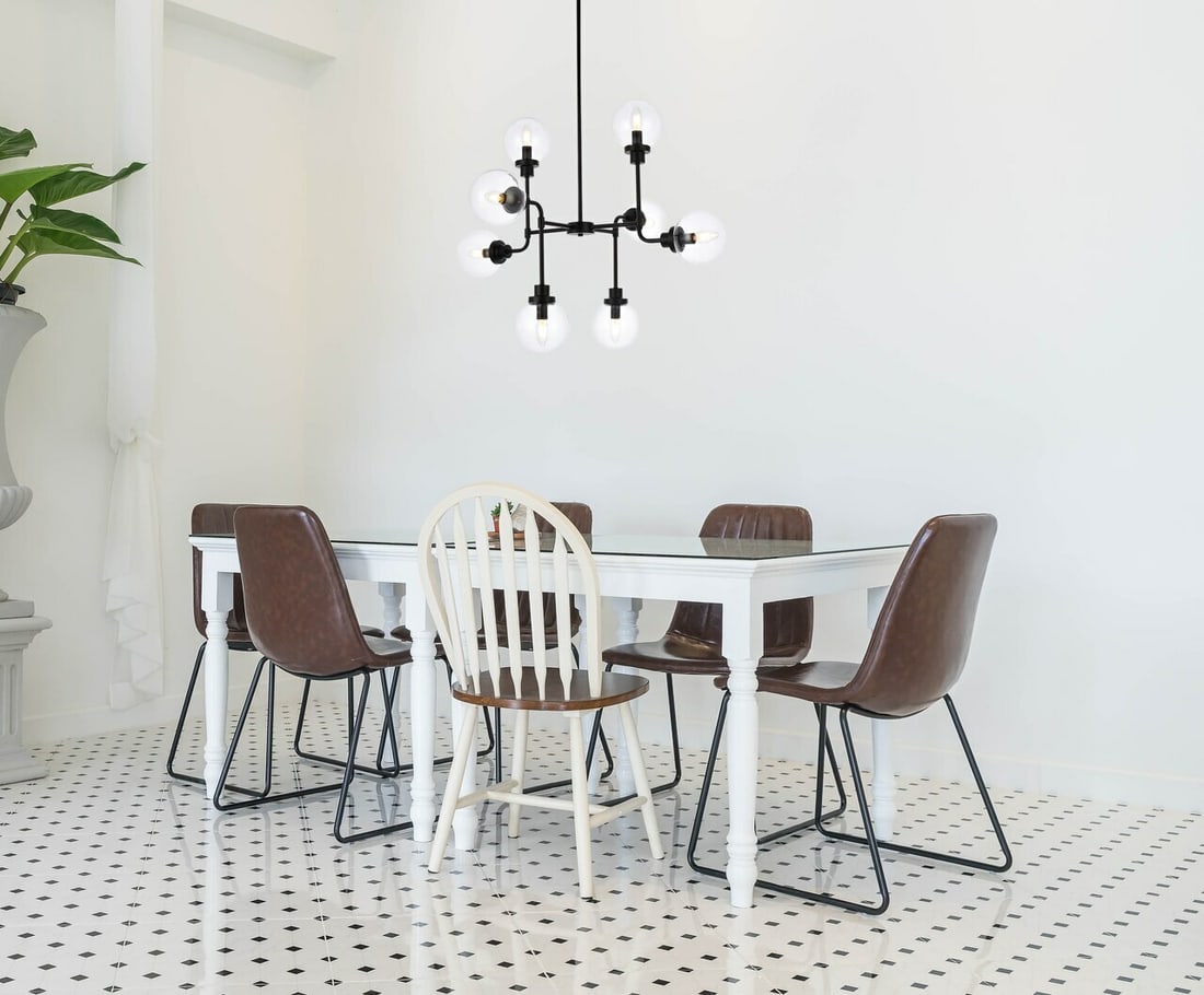 Black 8 Light Hanson Glass Chandelier 36 Inch: Black 8 Light Hanson Glass Chandelier 36 Inch This modern black chandelier features eight clear glass shades and a contemporary design, making it an ideal lighting fixture for living rooms, dining roo