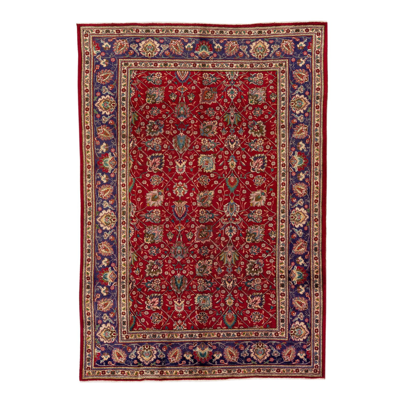 Vintage Persian Tabriz Hand-Knotted Red Wool Rug 6'10 x 9'10: Vintage Persian Tabriz Hand-Knotted Red Wool Rug 6'10 x 9'10 This exquisite vintage Persian Tabriz handmade rug features a stunning all-over red color field, complemented by a blue frame and vibrant m