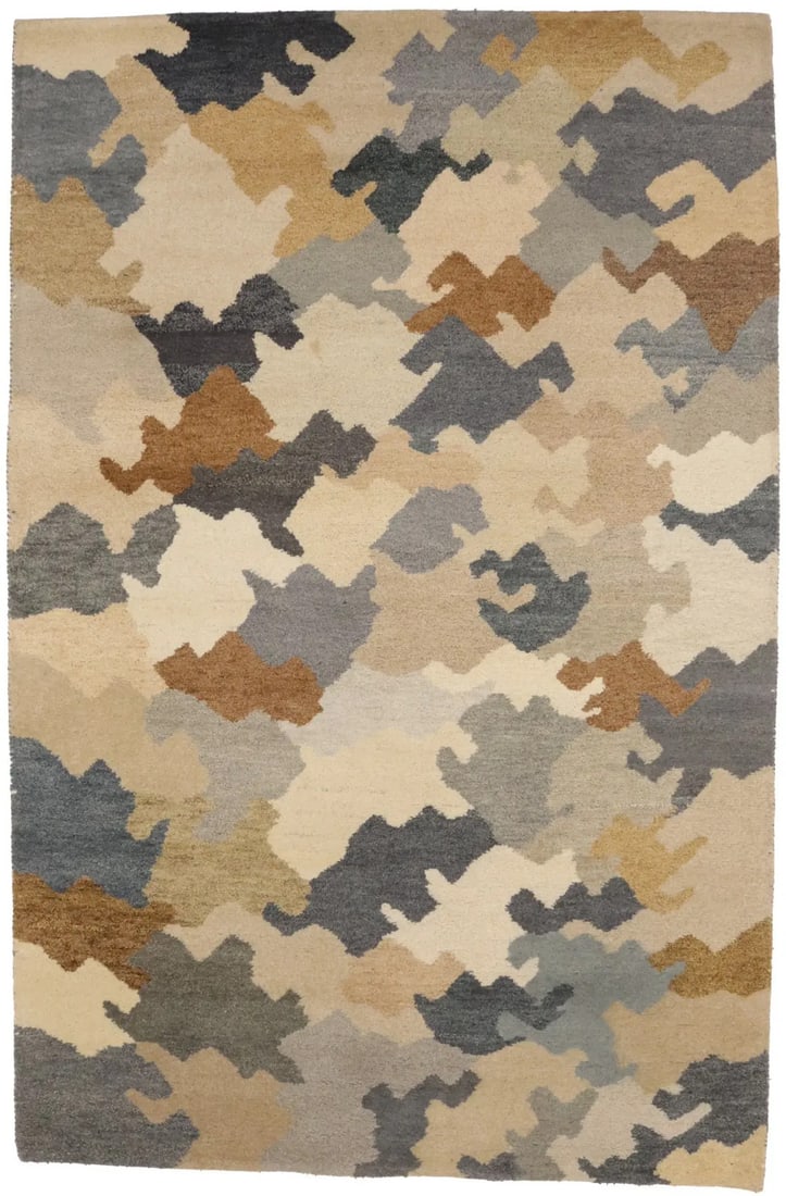 Hand-Knotted Wool Abstract Multicolor Modern Area Rug 6'4 x 9'8: Hand-Knotted Wool Abstract Multicolor Modern Area Rug 6'4 x 9'8 This is a pre-owned, hand-knotted Indo-Gabbeh area rug featuring a modern multicolor abstract pattern. Crafted from wool, the rug has a 