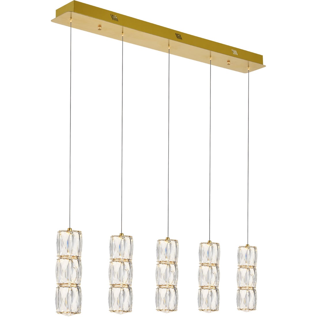 Polaris 5 Light Crystal Pendant Chandelier Goldish Finish 36 Inch: Polaris 5 Light Crystal Pendant Chandelier Goldish Finish 36 Inch This modern five-light pendant chandelier features high-quality clear crystals and a gold finish, creating a striking centerpiece for 