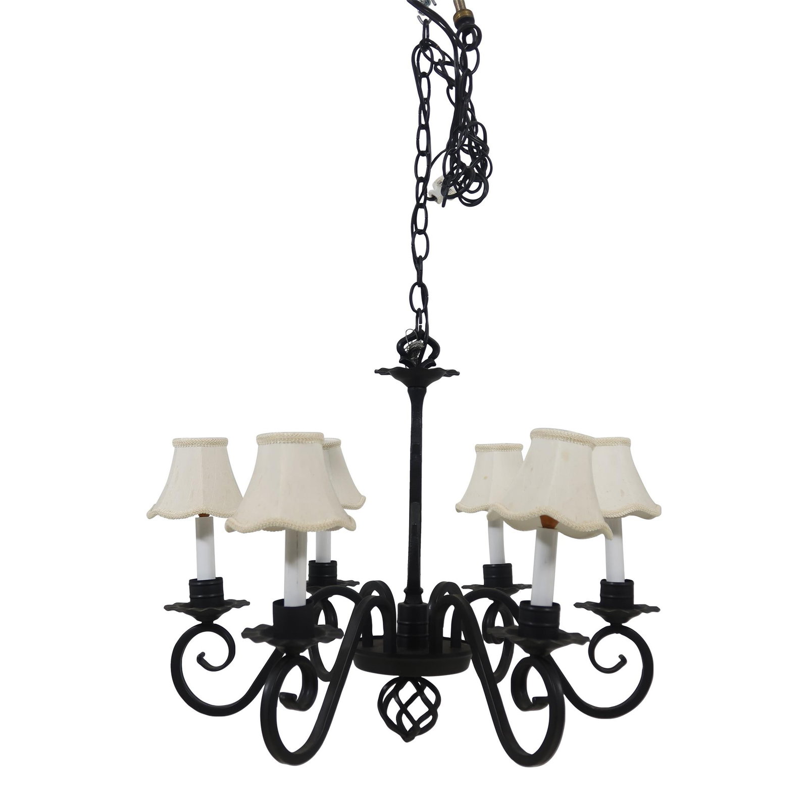 Vintage 6 Arm Wrought Iron Chandelier Black Finish: Vintage 6 Arm Wrought Iron Chandelier Black Finish Illuminate your space with this stunning 6-arm chandelier, expertly crafted from heavy wrought iron. Featuring a classic primitive design, this fixtu