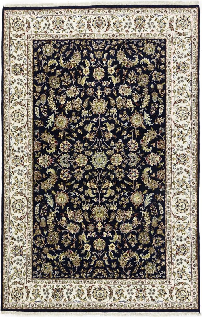 Hand-Knotted Dark Navy Wool Indo-Nain Floral Rug 6'0 x 9'3: Hand-Knotted Dark Navy Wool Indo-Nain Floral Rug 6'0 x 9'3 Enhance your living space with this exquisite Dark Navy Wool Indo-Nain Oriental Rug featuring an allover floral classic design. Hand-knotted 