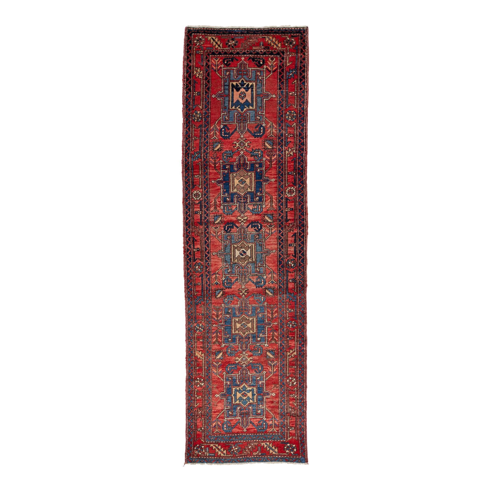 Vintage Persian Heriz Wool Runner Rug Red Tribal Design 3'1" x 1011": Vintage Persian Heriz Wool Runner Rug Red Tribal Design 3'1" x 1011" This exquisite Vintage Heriz Handmade Wool Runner showcases a vibrant red field beautifully contrasted with striking blue accents. 