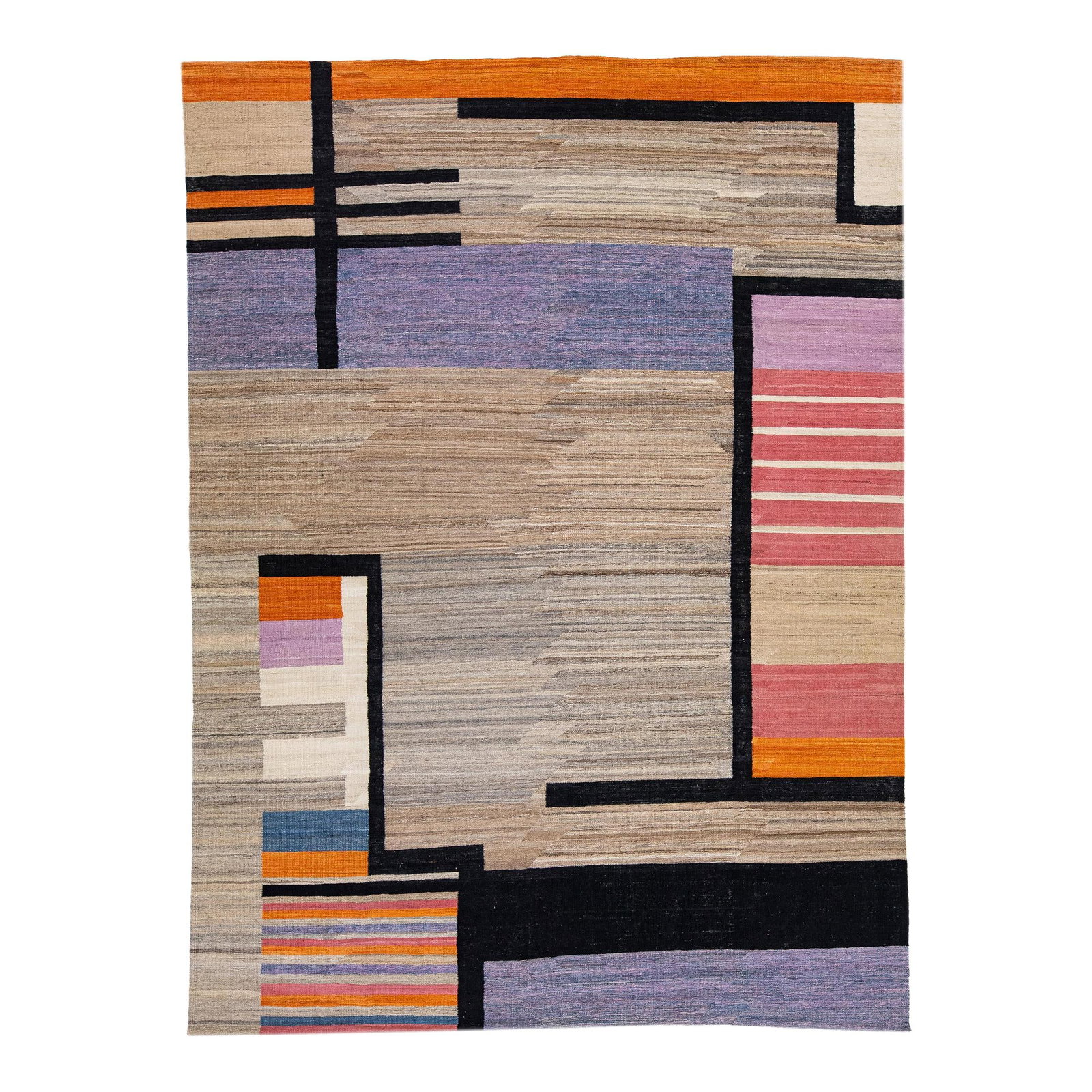 Contemporary Kilim Wool Rug 9' x 12'4' with Vibrant Accents: Contemporary Kilim Wool Rug 9' x 12'4' with Vibrant Accents Enhance your living space with this stunning contemporary Kilim wool rug. Featuring a striking brown field complemented by vibrant accents i