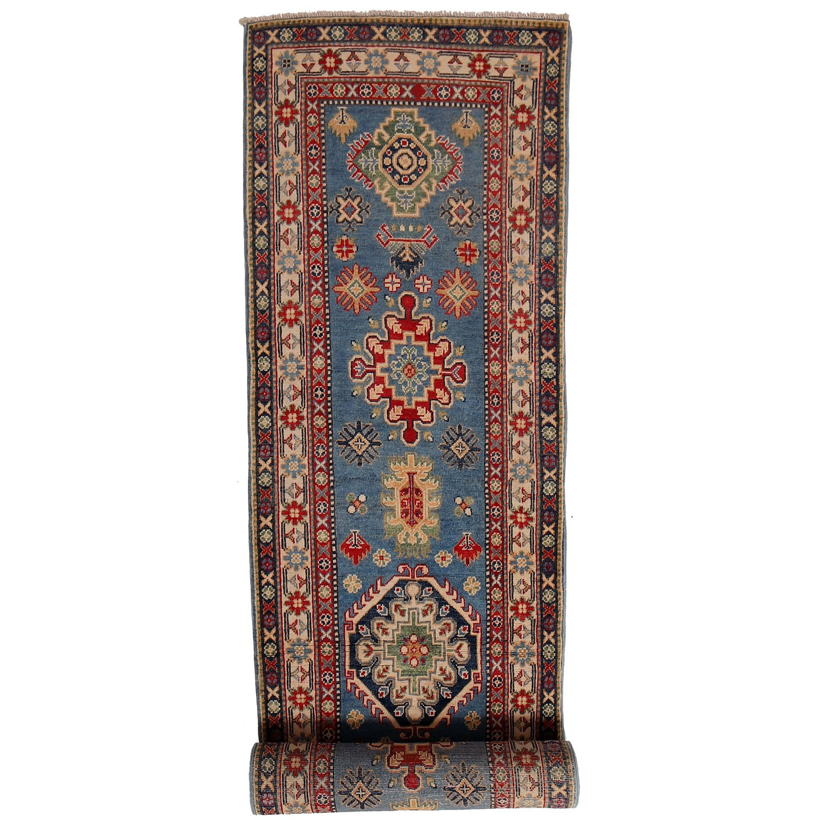 Handmade Blue Kazak Rug 2.7 x 9.10 ft Premium Natural Wool: Handmade Blue Kazak Rug 2.7 x 9.10 ft Premium Natural Wool Free continental US Shipping Discover the exquisite craftsmanship of our Handmade Blue Kazak Rug, measuring 2.7 x 9.10 feet. This stunning ru
