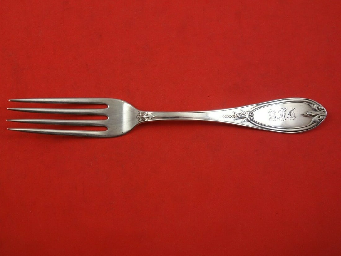 Gorham Olive Sterling Silver Dinner Fork 1865 Monogrammed 7 3/4": Gorham Olive Sterling Silver Dinner Fork 1865 Monogrammed 7 3/4" This exquisite dinner fork is part of the Olive pattern by Gorham, crafted from high-quality sterling silver and dated 1865. Measuring 