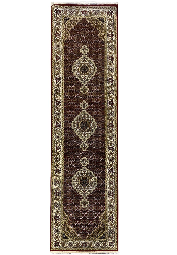 Luxurious 2.6 x 10 Wool Silk Mahi Tabriz Handmade Runner Rug: Luxurious 2.6 x 10 Wool Silk Mahi Tabriz Handmade Runner Rug Free continental US Shipping This exquisite 10-foot runner rug is a luxurious blend of wool and silk, showcasing the classic Mahi Tabriz pa