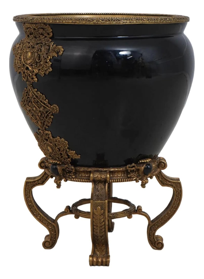 Bronze Mounted Black Porcelain Jardiniere French Empire Style 20w x 20d x 25.5h: Bronze Mounted Black Porcelain Jardiniere French Empire Style 20w x 20d x 25.5h French Empire style jardiniere featuring a black porcelain bowl with brass or bronze mounts. Made approximately 30 years