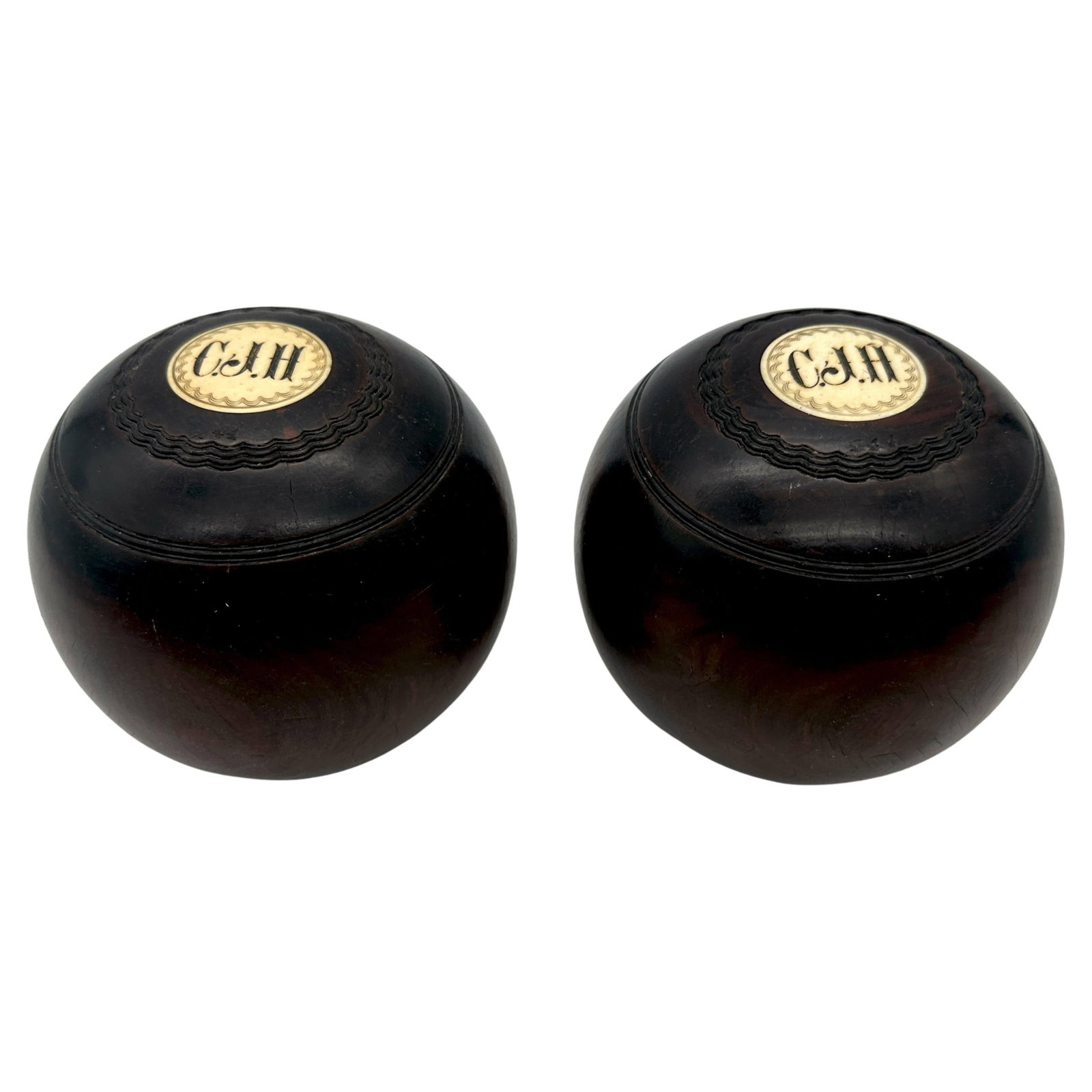 19th Century Scottish Monogrammed Ebonized Hardwood Lawn Balls Set of 2 (1 of 10)
