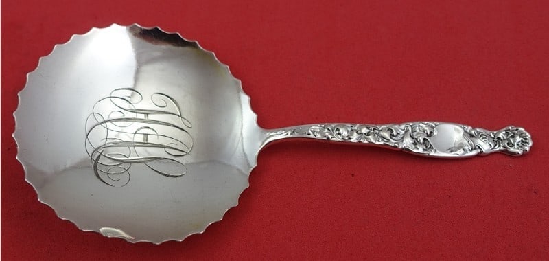 Sterling Silver Confection Spoon Heraldic Pattern 5 Inch Monogrammed Bowl: Sterling Silver Confection Spoon Heraldic Pattern 5 Inch Monogrammed Bowl This is a sterling silver confection spoon in the Heraldic pattern by Whiting, featuring a solid bowl and a monogram in the bo