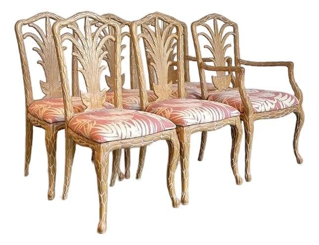 Set of 6 Faux Bois Palm Leaf Dining Chairs: Set of 6 Faux Bois Palm Leaf Dining Chairs This set of six vintage dining chairs showcases Hollywood Regency style with a distinctive Palm Beach flair. Each chair is crafted with a hand-carved faux bo