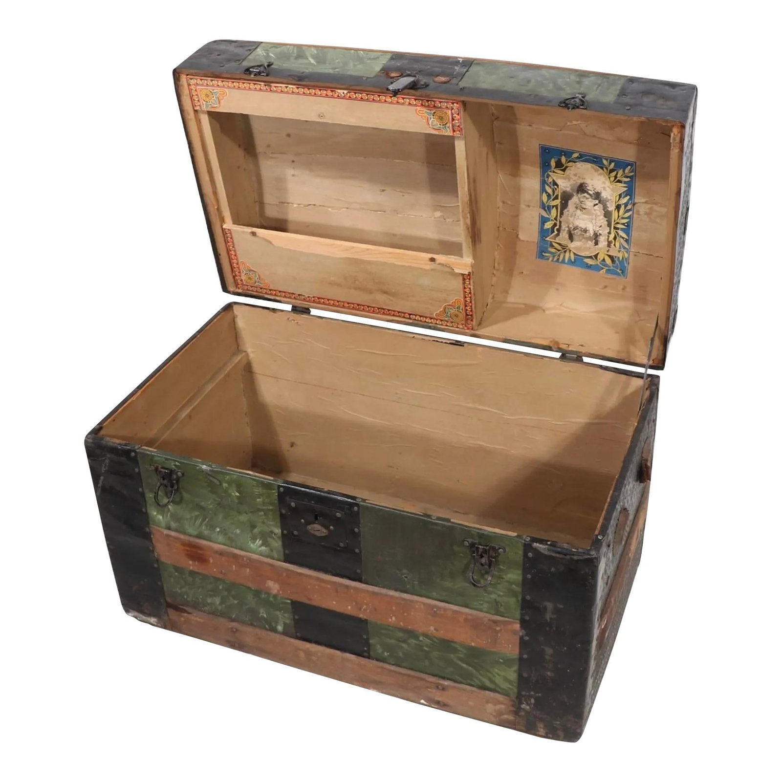 Compact 19th Century Antique Dome Top Trunk Green Faux Finish (1 of 10)