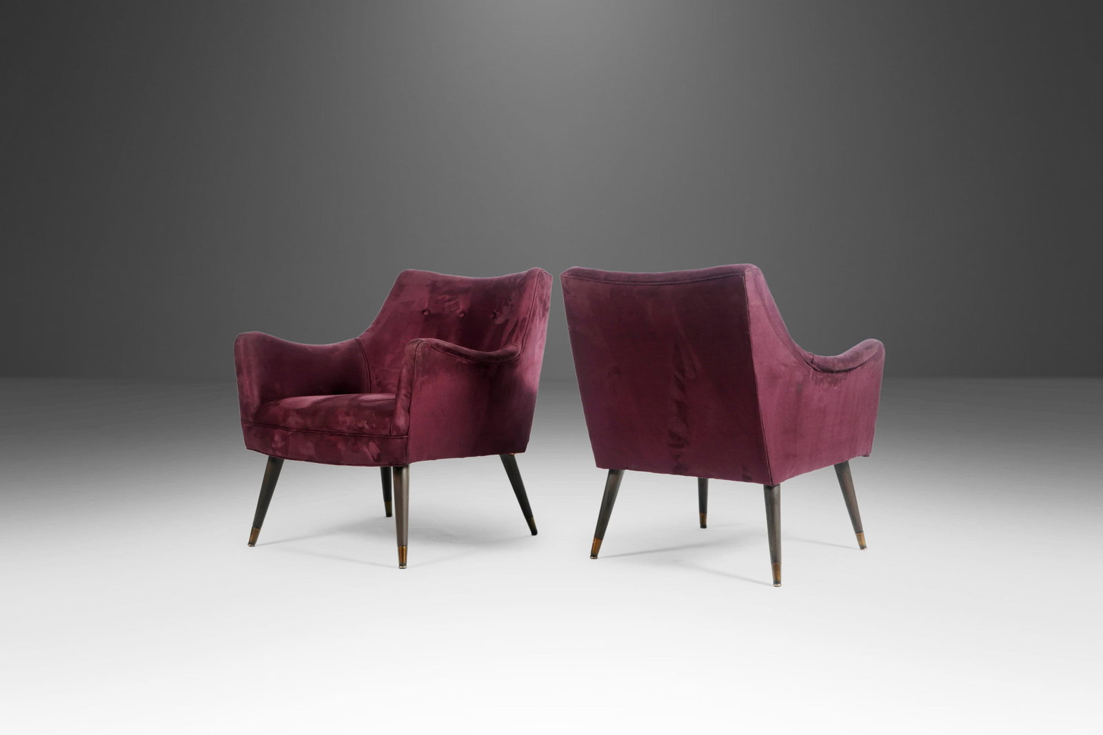 Vintage Mid Century Lounge Chairs Purple Fabric Paul McCobb USA 1960s: Vintage Mid Century Lounge Chairs Purple Fabric Paul McCobb USA 1960s This stunning pair of Mid Century Lounge Chairs, inspired by Paul McCobb, showcases a unique blend of style and comfort. Upholster