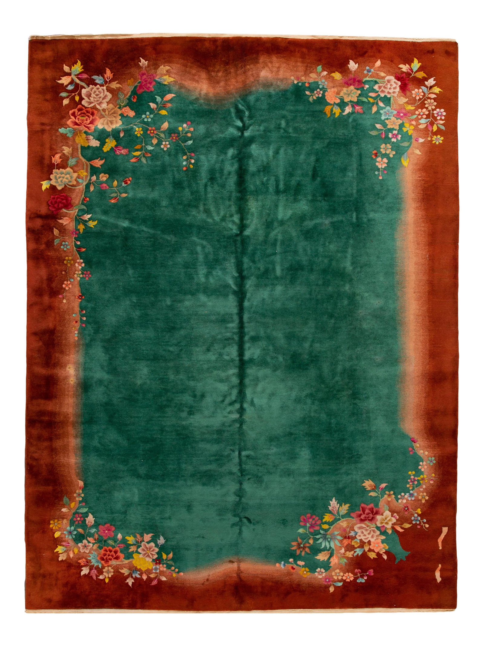Antique Chinese Peking Wool Rug 8'10 x 11'10 Green Floral Design: Antique Chinese Peking Wool Rug 8'10 x 11'10 Green Floral Design This stunning antique Chinese Peking wool rug features a hand-knotted construction with a vibrant green field complemented by an orange
