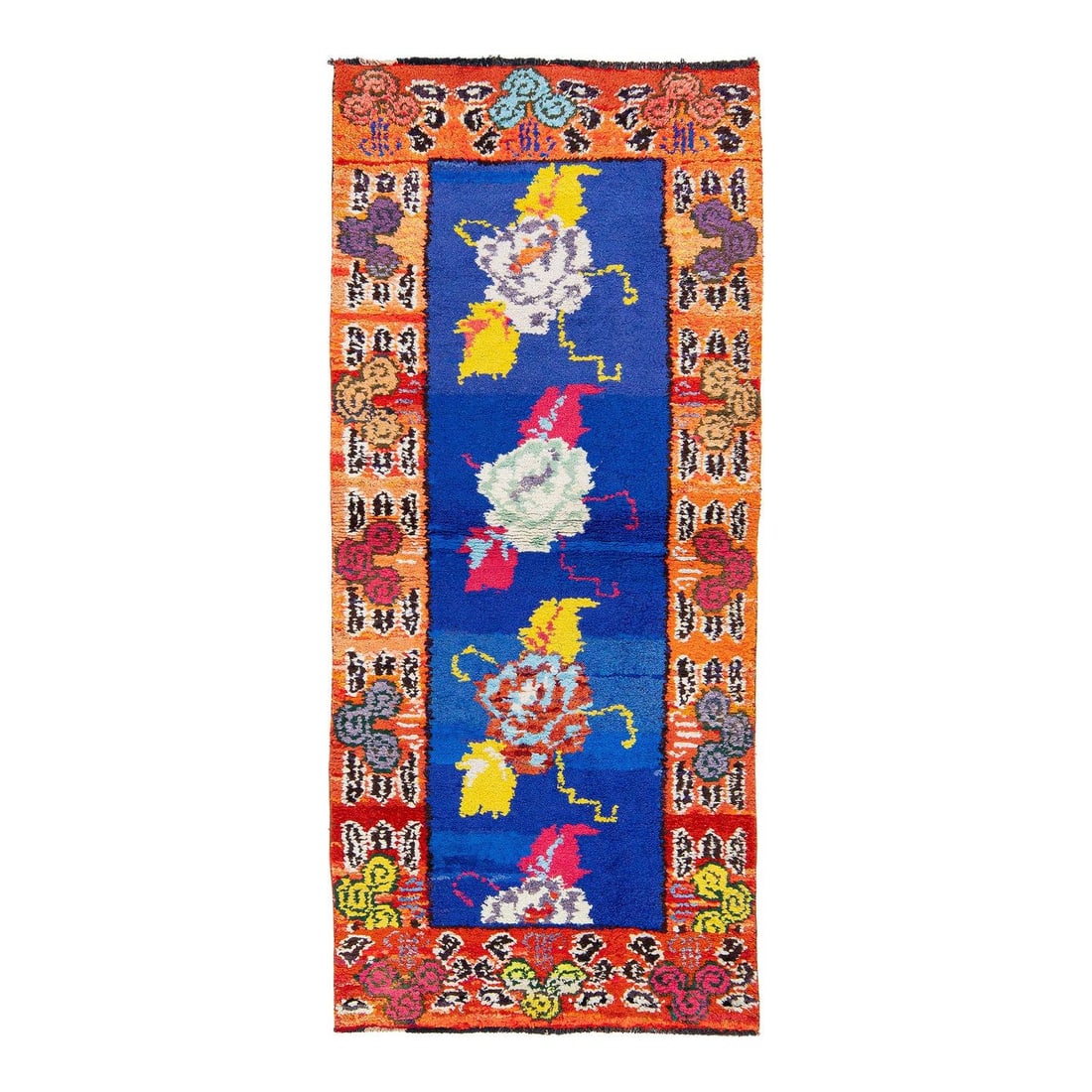 Turkish Handwoven Blue Wool Runner with Colorful Abstract Design 2'7" x 5'10": Turkish Handwoven Blue Wool Runner with Colorful Abstract Design 2'7" x 5'10" Handwoven in Turkey, this vintage runner showcases a deep blue field with swirling, multicolored abstract motifs, surround