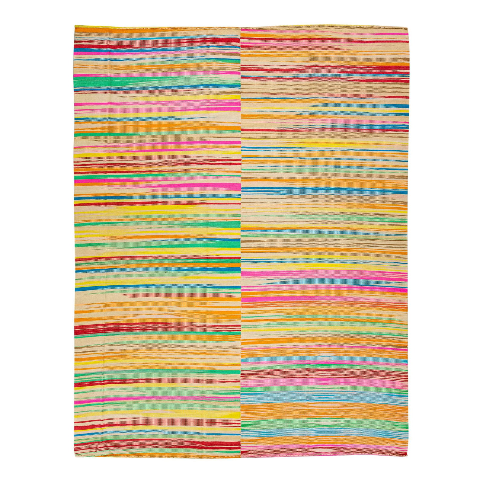 Modern Kilim Abstract Multicolor Wool Rug 9'9 x 12'8: Modern Kilim Abstract Multicolor Wool Rug 9'9 x 12'8 Enhance your space with this stunning Modern Flatweave Kilim Rug, expertly handmade from high-quality wool. Featuring a vibrant abstract retro patt