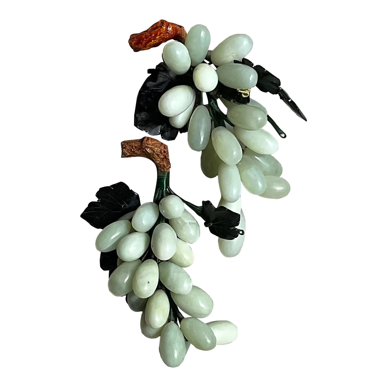 Vintage Boho Celadon Stone Grape Clusters Pair: Vintage Boho Celadon Stone Grape Clusters Pair Enhance your decor with this vintage pair of Boho polished stone grape clusters. Crafted from beautiful pale green stone, also known as celadon, these cl