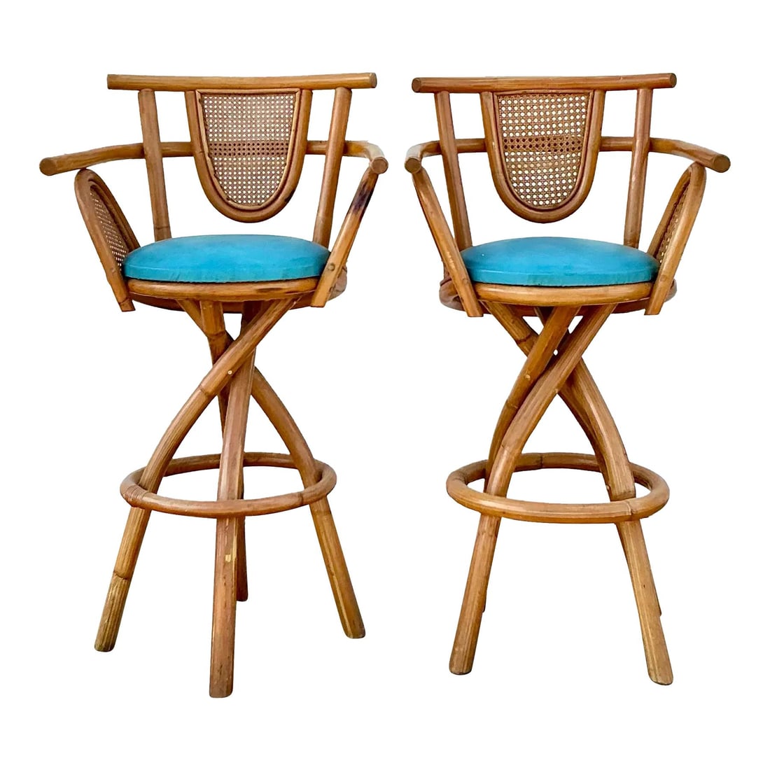 Charming Vintage Coastal Rattan Bar Stools Set of 2: Charming Vintage Coastal Rattan Bar Stools Set of 2 Enhance your space with this charming set of vintage coastal bar stools, expertly crafted from bent rattan. Featuring a timeless design that radiate