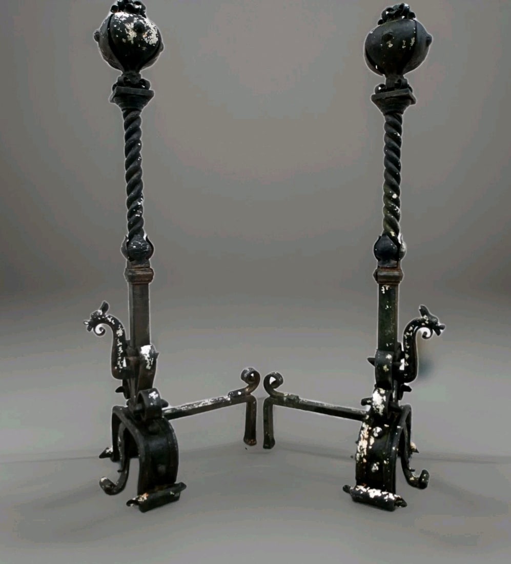 Pair of 51 in Wrought Iron Dragon Andirons in Yellin Style (1 of 18)
