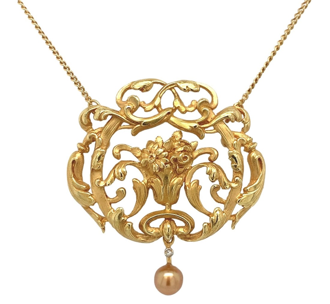 French 18k Yellow Gold Floral Pendant Necklace with Pearl Drop: French 18k Yellow Gold Floral Pendant Necklace with Pearl Drop An antique pre-owned necklace featuring an 18k yellow gold French bouquet of flowers pendant with a pearl drop and diamond accent, attach