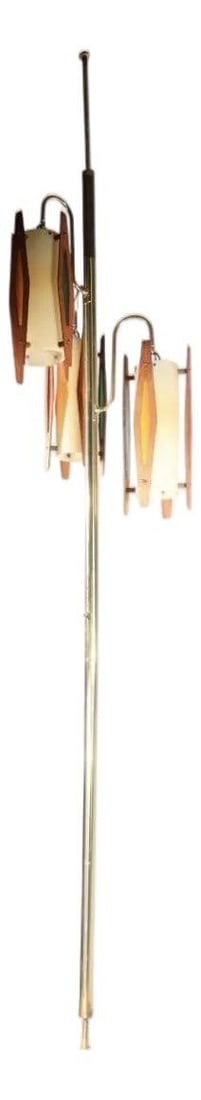 Three Light Floor Tension Lamp with Wood and Brass Accents 99 Inch (1 of 10)