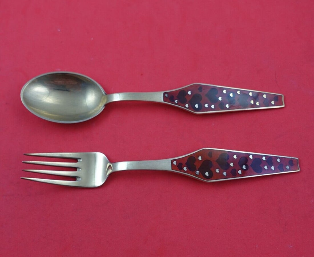 Peter Hertz 1969 Danish Sterling Silver Christmas Spoon Fork Set 2pc Enameled Hearts: Peter Hertz 1969 Danish Sterling Silver Christmas Spoon Fork Set 2pc Enameled Hearts This exquisite 2-piece Christmas spoon and fork set by Peter Hertz showcases stunning Danish craftsmanship in sterl