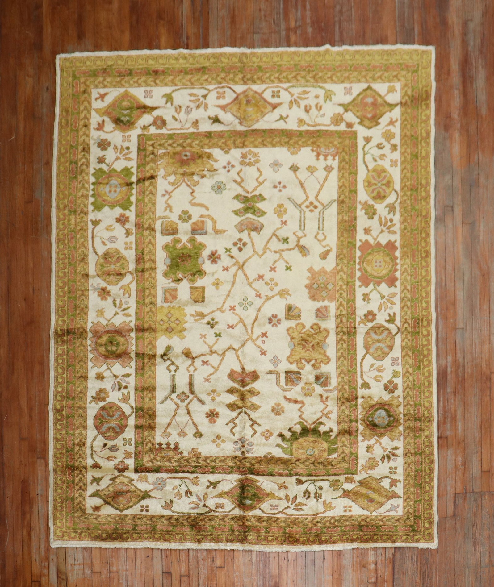 8' 2" x 10' 3" Turkish Oushak angora wool rug ivory olive green: 8' 2" x 10' 3" Turkish Oushak angora wool rug ivory olive green One-of-a-kind Turkish Oushak reproduction rug crafted from angora wool in an ivory, brown, and olive green palette. This pre-owned room-